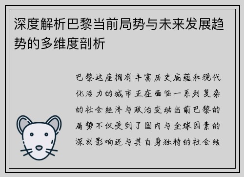 深度解析巴黎当前局势与未来发展趋势的多维度剖析