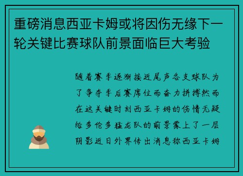 重磅消息西亚卡姆或将因伤无缘下一轮关键比赛球队前景面临巨大考验